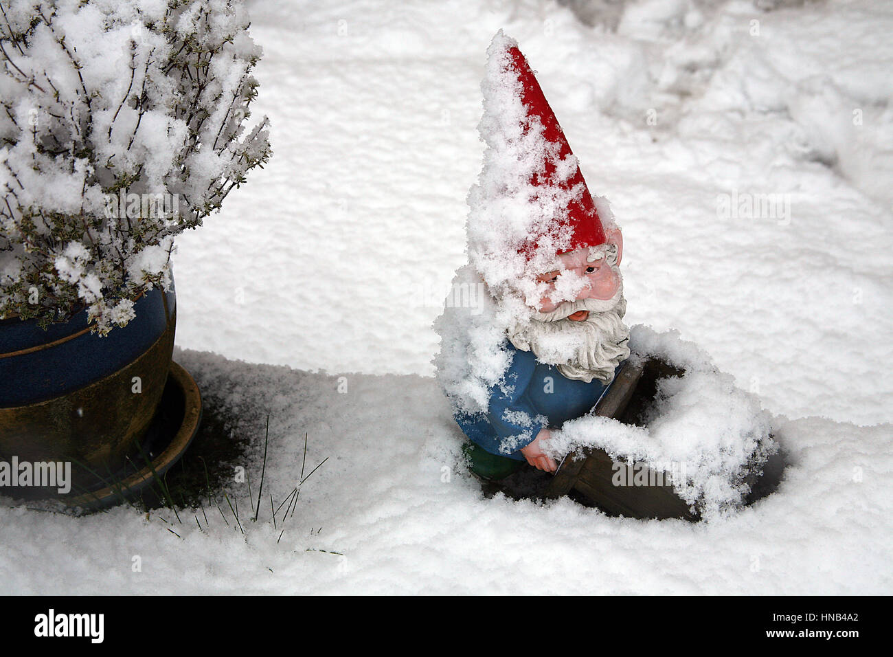 Nain de jardin couvert de neige en rouge chapeau pointu Banque D'Images