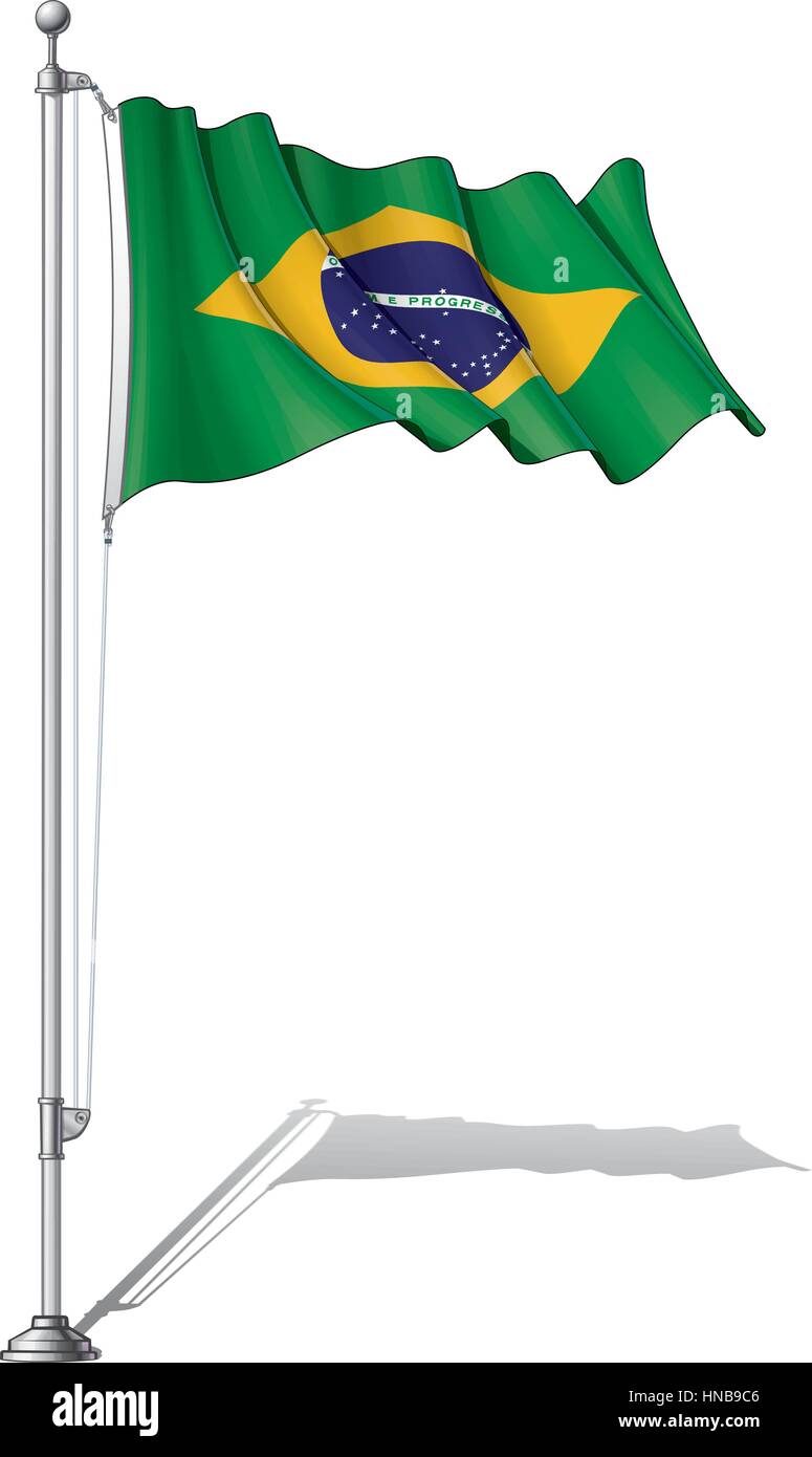 Vector Illustration d'une forme drapeau brésilien le fixer sur un mât. D'un drapeau et d'un poteau en couches séparées, l'art de la ligne, l'ombrage et la couleur parfaitement dans les groupes f Illustration de Vecteur
