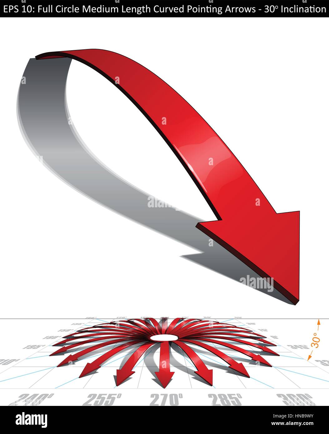 Ensemble de la longueur moyenne flèches courbes. Directions pointant toutes les 15 degrés couvrant un cercle complet. Facile de changer de couleur, de conserver ou de supprimer tout élément avec Illustration de Vecteur