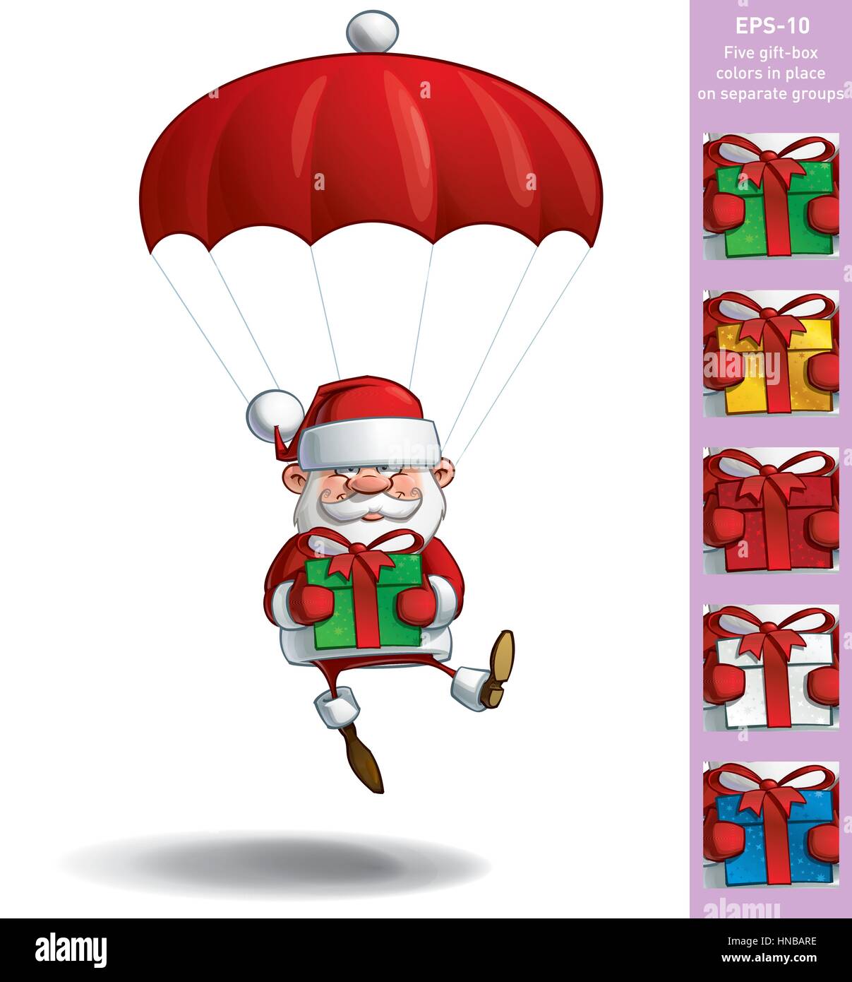 Cartoon vector illustration of a happy Santa Claus chute avec un parachute maintenant un grand cadeau. Toutes les couleurs de cadeaux sont en place au sein de groupes distincts. Illustration de Vecteur