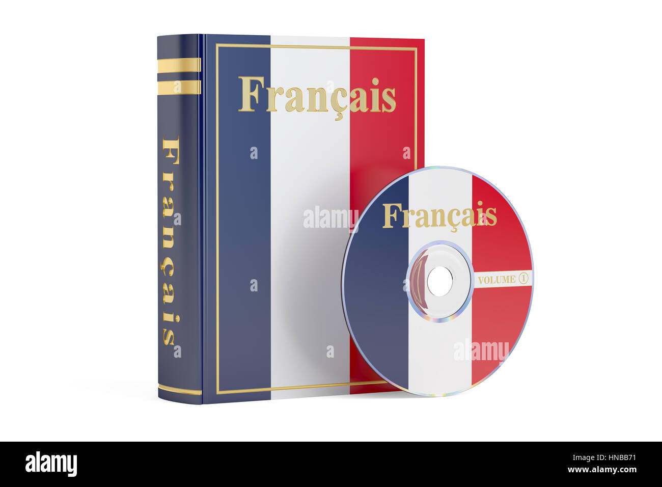 Livre en français avec le drapeau de la France et disque CD, rendu 3D isolé sur fond blanc Banque D'Images