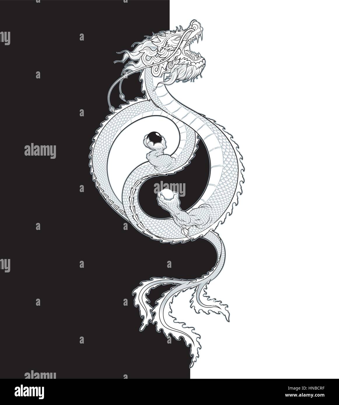 Vector Illustration d'un Dragon Oriental tenant deux sphères, façonner le symbole Yin-Yang. Tous les éléments d'une manière ordonnée sur des calques et des groupes. Illustration de Vecteur