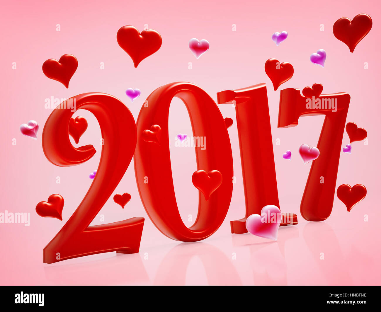 2017 texte et coeurs sur fond rose. 3D illustration. Banque D'Images