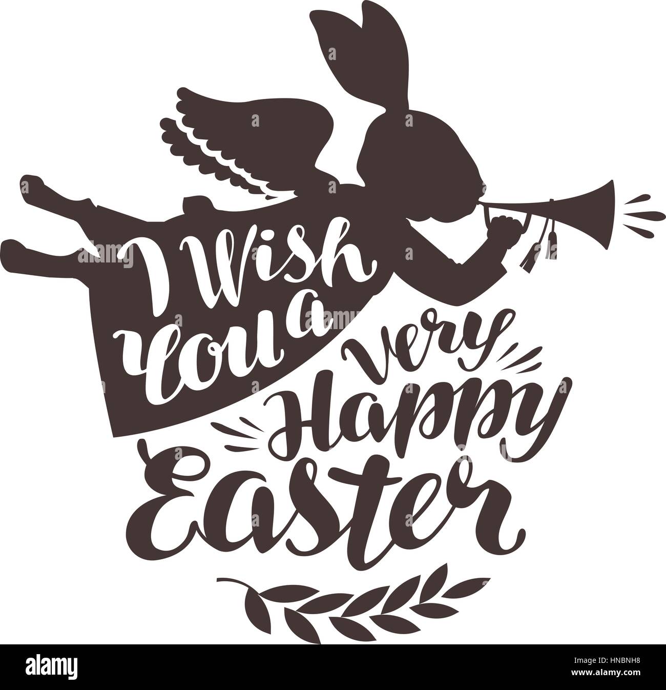 Joyeuses Pâques, carte de vœux. Bunny Rabbit, trompette de soufflage. Le lettrage, calligraphie vector illustration Illustration de Vecteur