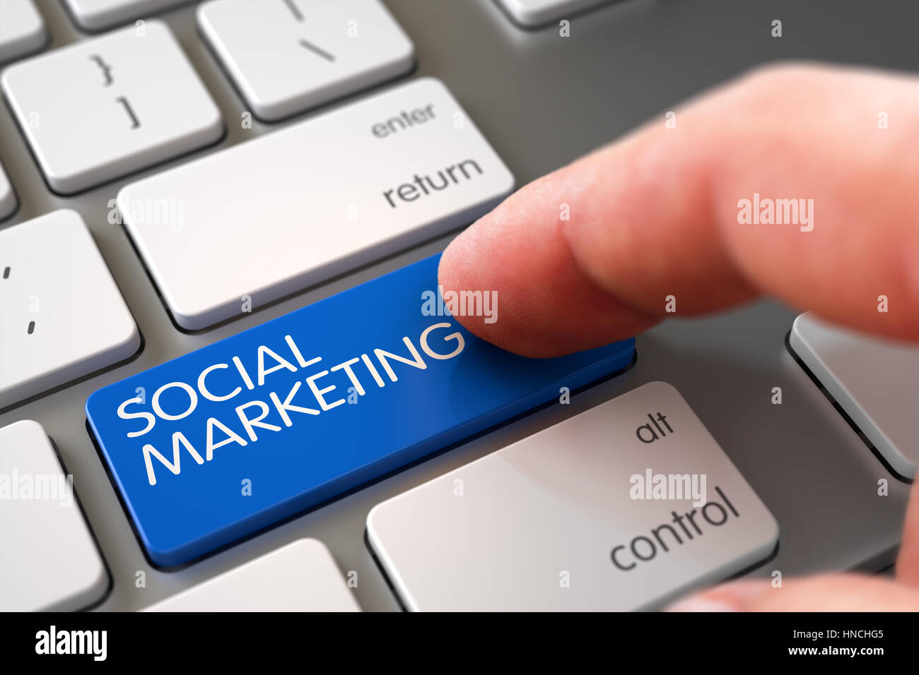 Doigt main Appuyez sur bouton de marketing social. 3D. Banque D'Images