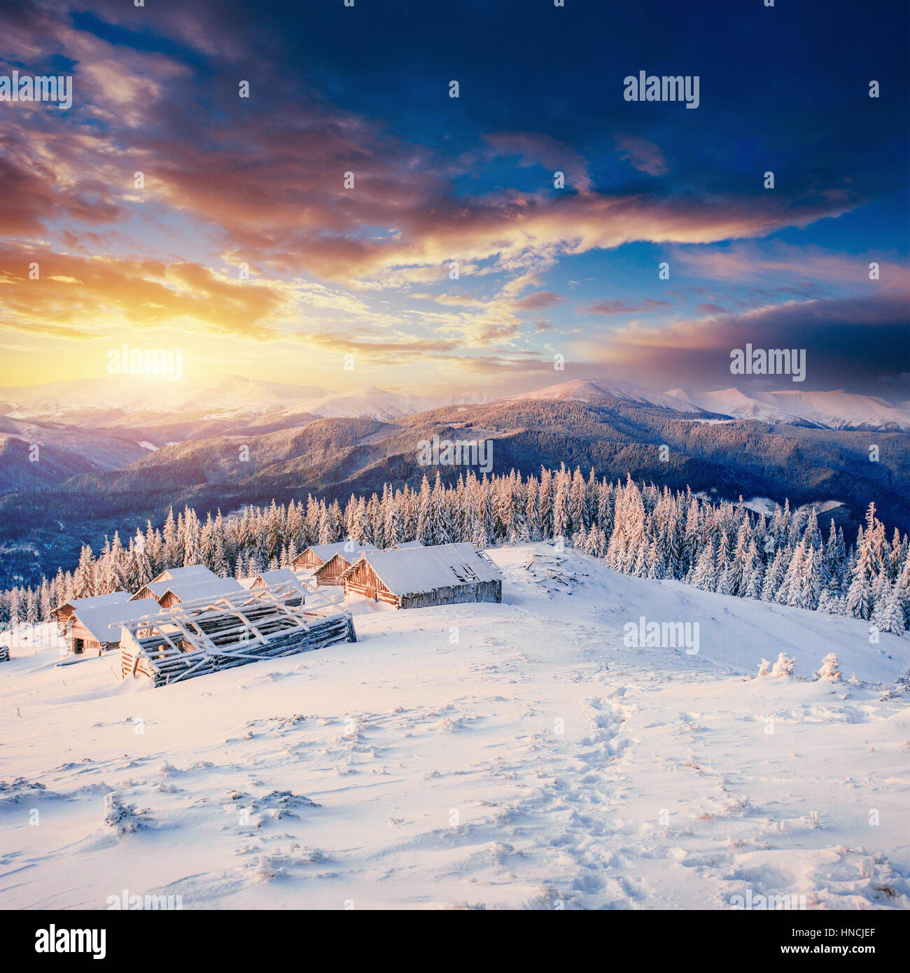 Cabane dans la montagne en hiver. L'Europe, l'Ukraine Carpatique Banque D'Images