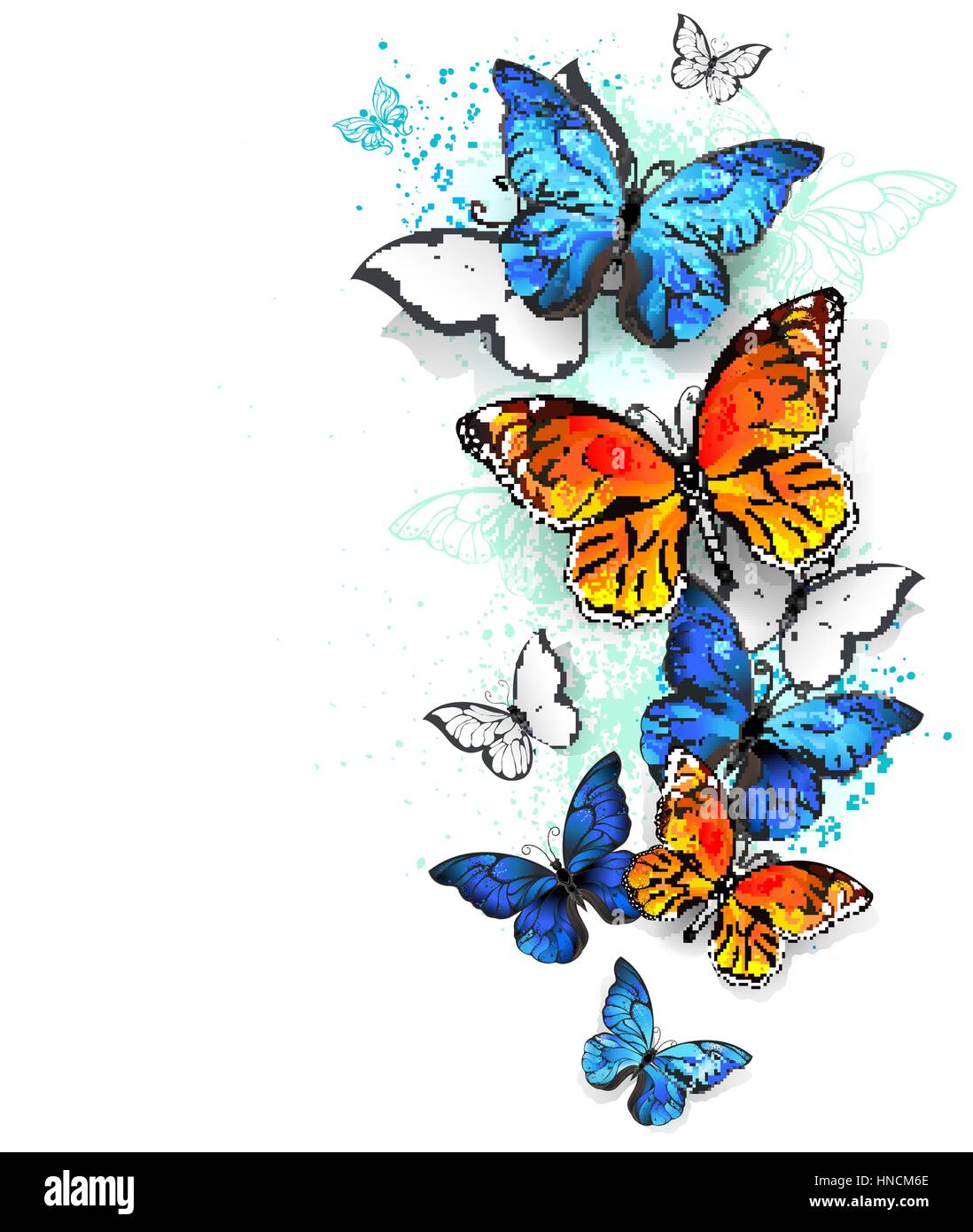 Battant, clair, bleu et orange morpho butterfly papillon monarque sur un fond blanc. Morpho. Papillon monarque. Conception avec les papillons. Illustration de Vecteur