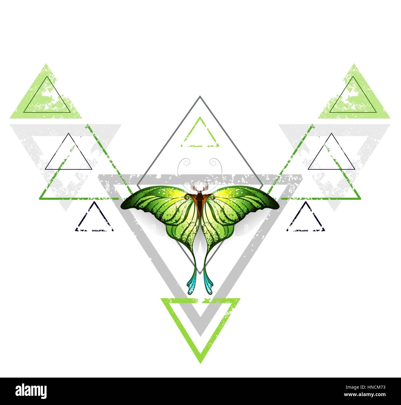 Motif géométrique, symétrique avec triangle gris et vert, décoré de papillons exotiques vert sur fond blanc. Style de tatouage. Verdure. Tren Illustration de Vecteur
