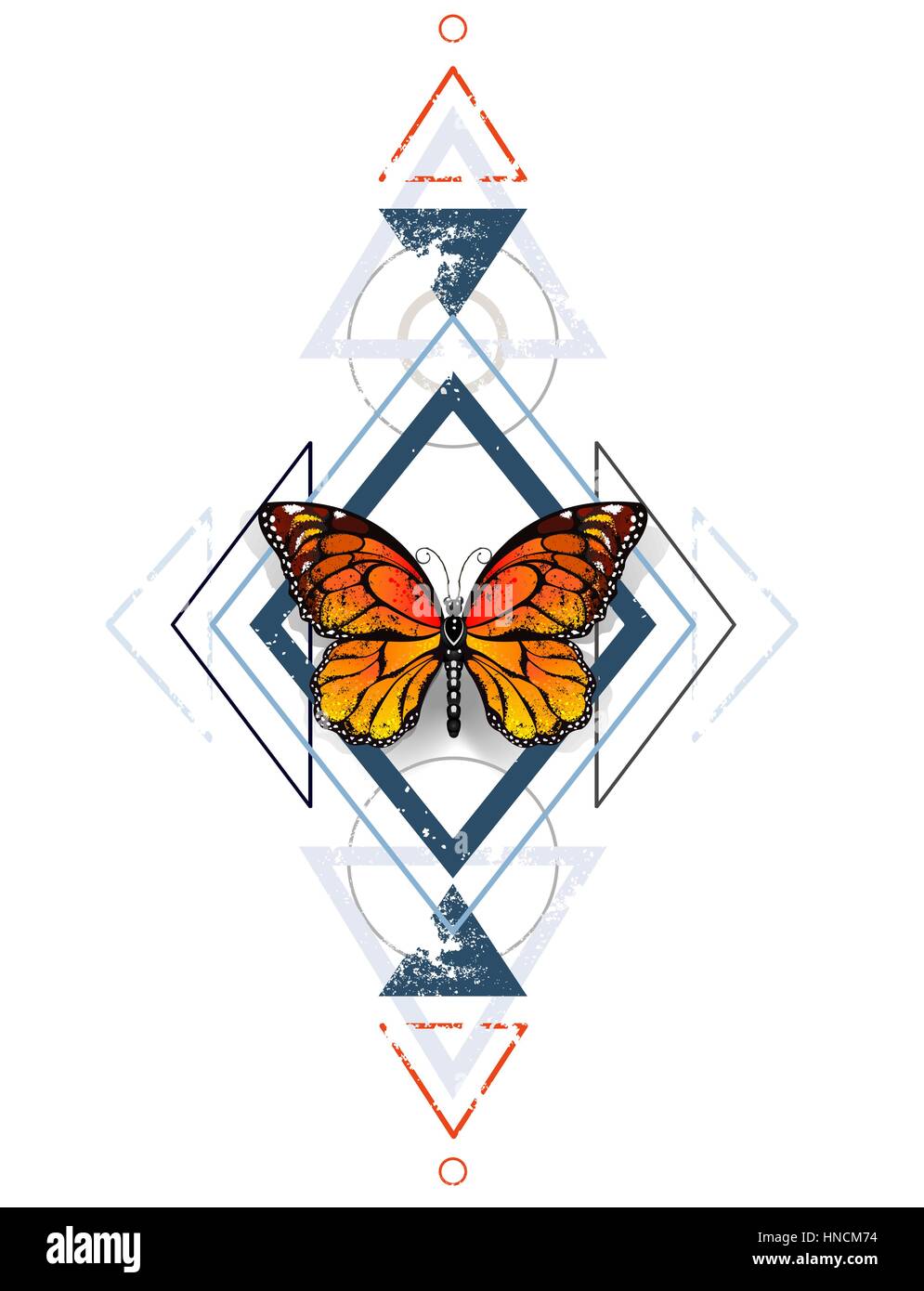 Motif symétrique de diamants bleus et gris, décoré avec des triangles orange, papillon monarque exotiques sur un fond blanc. Monarque. Conception avec b Illustration de Vecteur