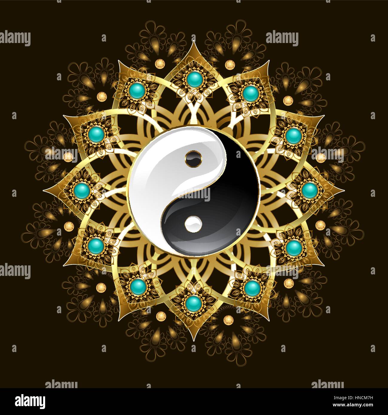 Avec de l'or Bijoux Yin Yang mandala, décoré de turquoise sur fond noir. La conception de bijoux. Motif Oriental. Style Boho. Illustration de Vecteur