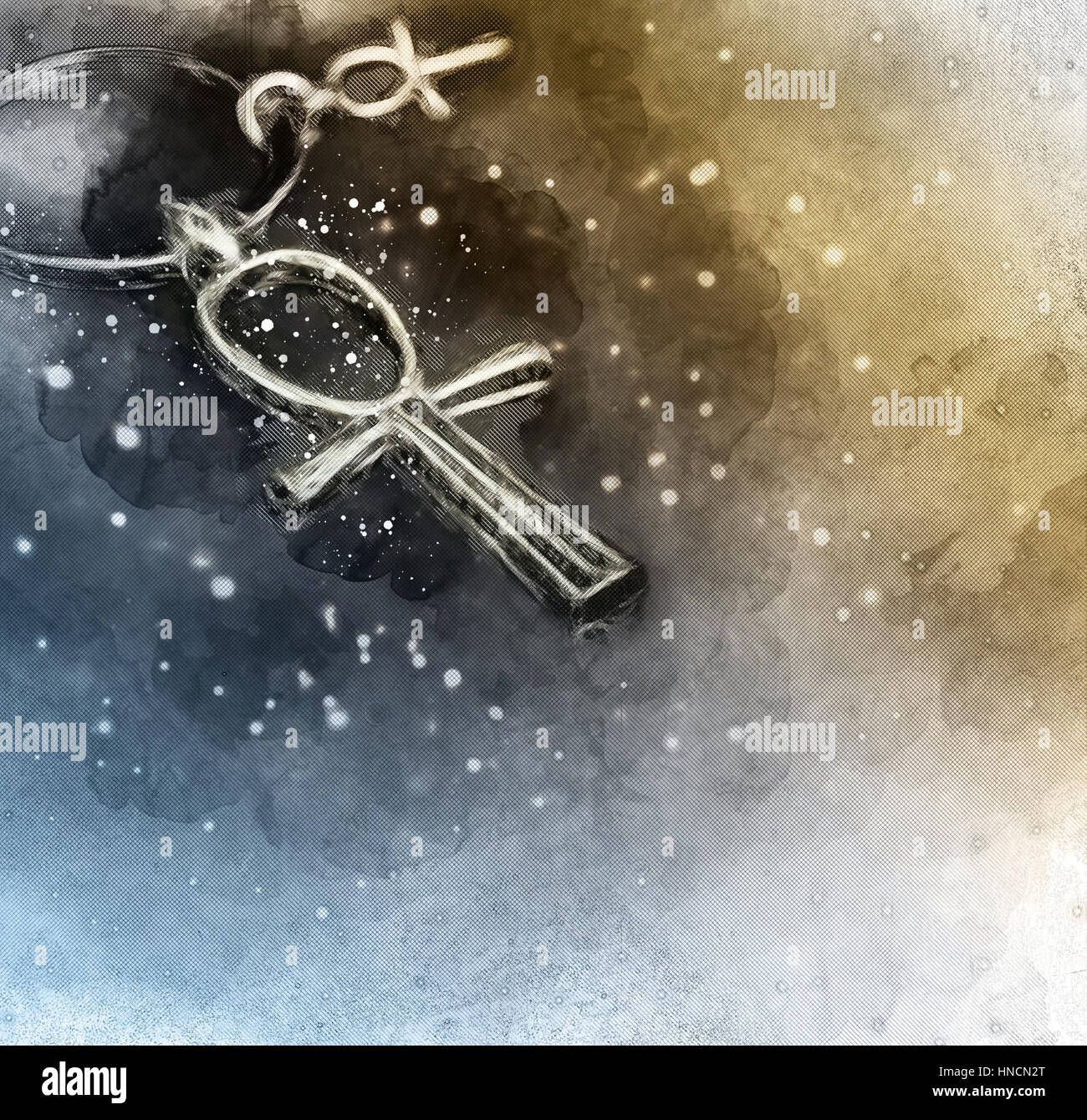 Croix ankh égyptien stylisé sur un fond de l'espace avec des étoiles et nébuleuse. Banque D'Images