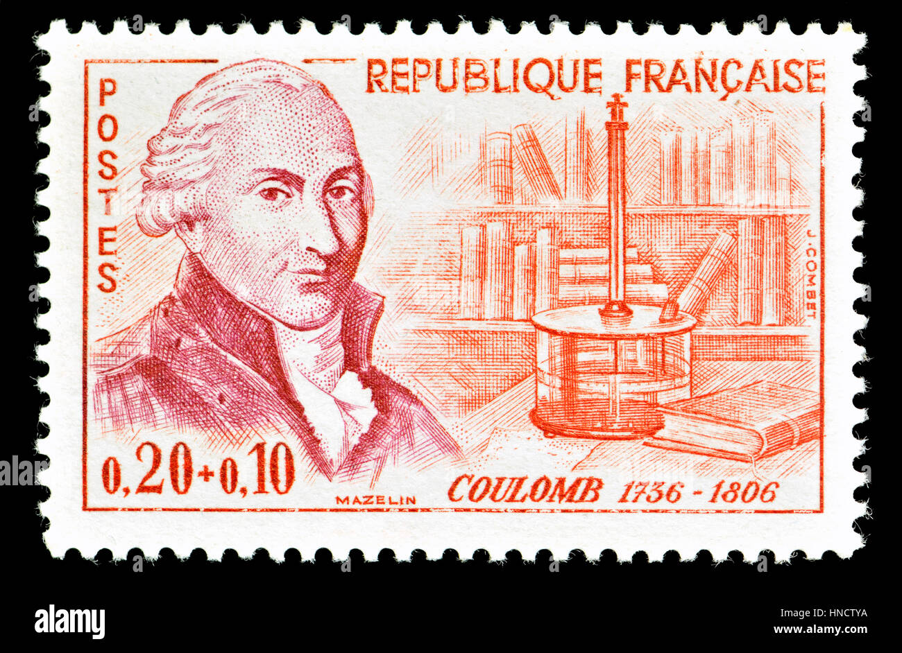 Timbre-poste français (1961) : Charles-Augustin de Coulomb (1736 - 1806), physicien français. Mieux connu pour l'élaboration de la loi de Coulomb, la définition de l'e Banque D'Images