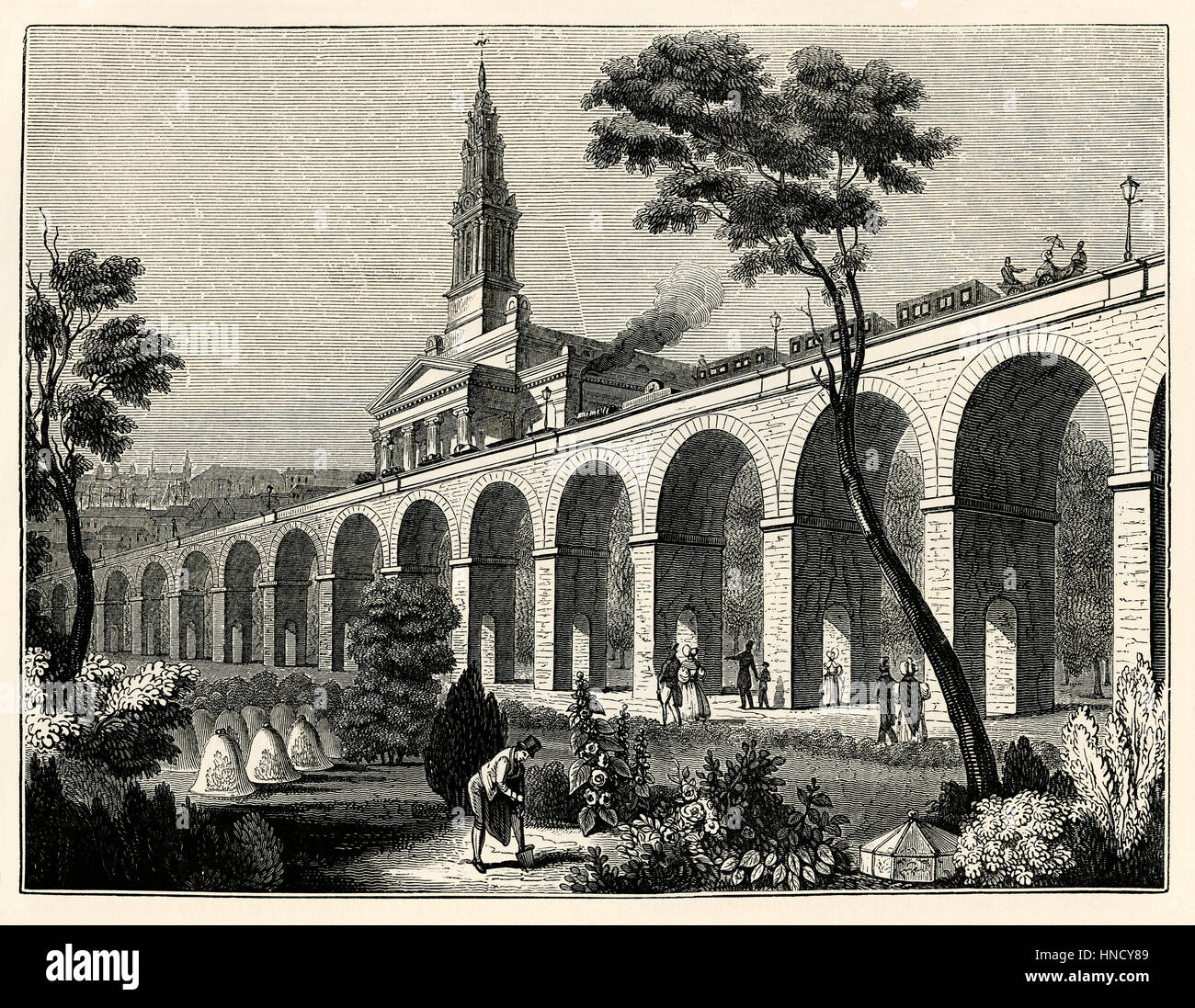 Le viaduc London Bridge–Greenwich Railway près de l'église Bermondsey – une vieille gravure c. 1840. C'est l'un des plus anciens viaducs ferroviaires au monde. Banque D'Images