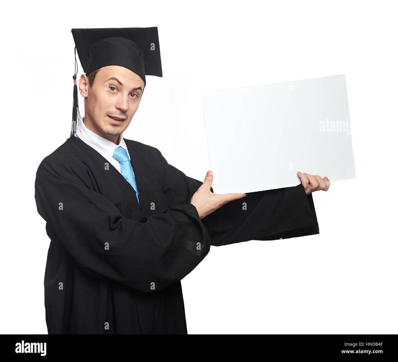 Étudiant diplômé conseil vides en isolé sur fond blanc Banque D'Images