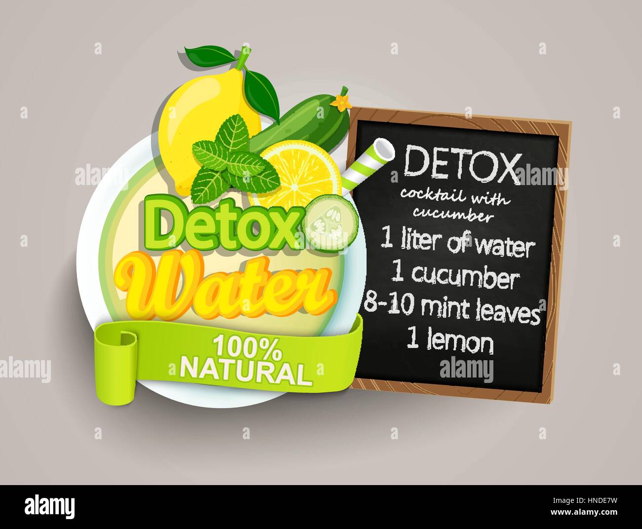 Recette cocktail détox avec le concombre, le citron, l'eau, la menthe. Vector illustration pour menu de régime, café et restaurant. Des smoothies frais, fruits détox, co Illustration de Vecteur