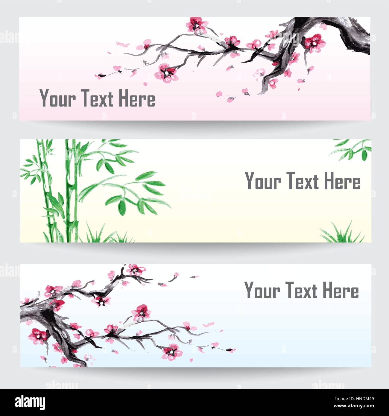 Vintage des bannières avec sakura, le bambou. . Vector illustration. La peinture japonaise traditionnelle. Aquarelle dessiné à la main. Illustration de Vecteur