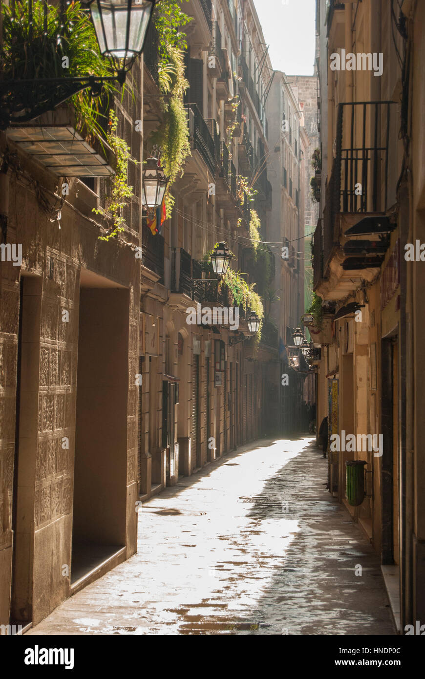 Scène de rue dans le quartier gothique de Barcelone en Espagne. Banque D'Images