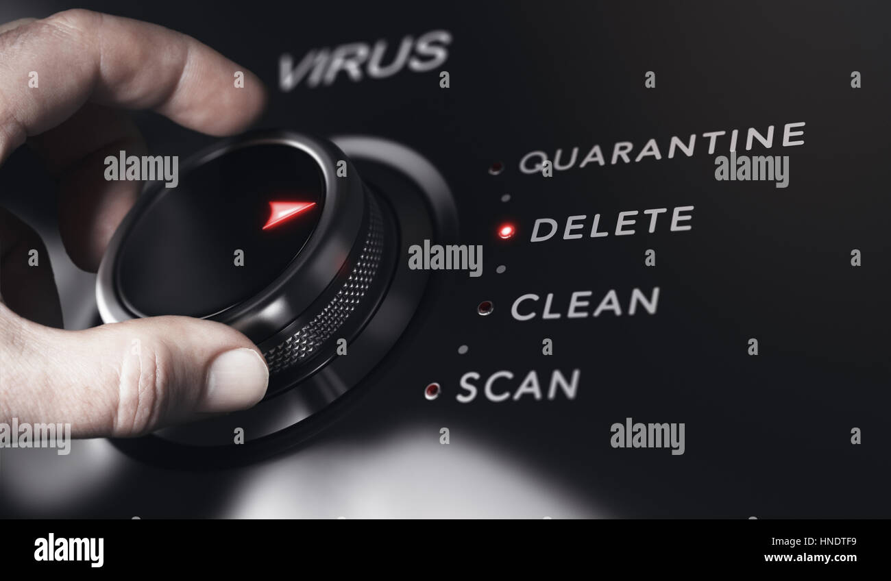 Un bouton tournant à la main avec le titre de virus. système de protection antivirus, concept horizontal image composite. entre une image et un 3d'arrière-plan. Banque D'Images