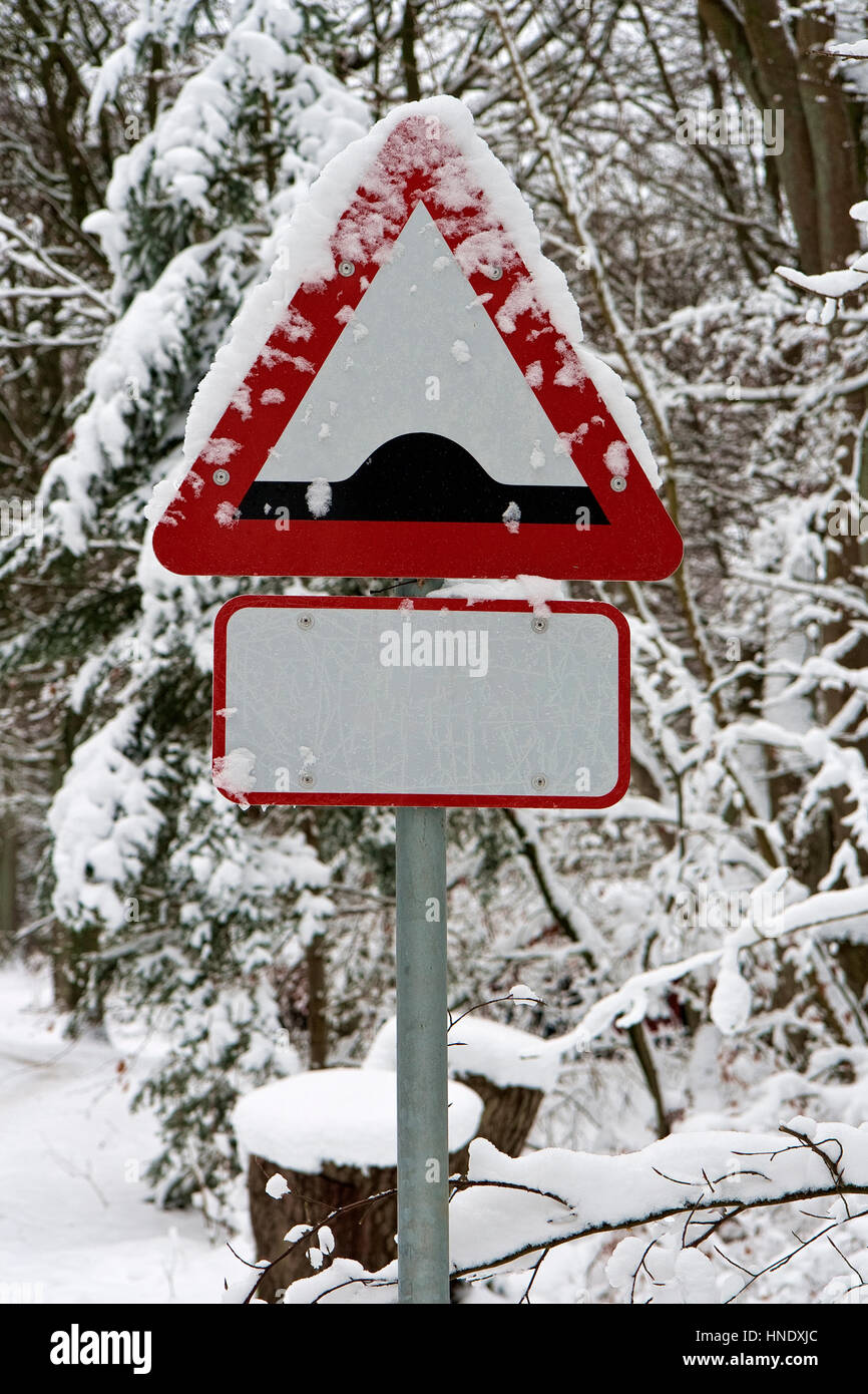 Panneau routier dans une forêt sur un jour de neige Banque D'Images