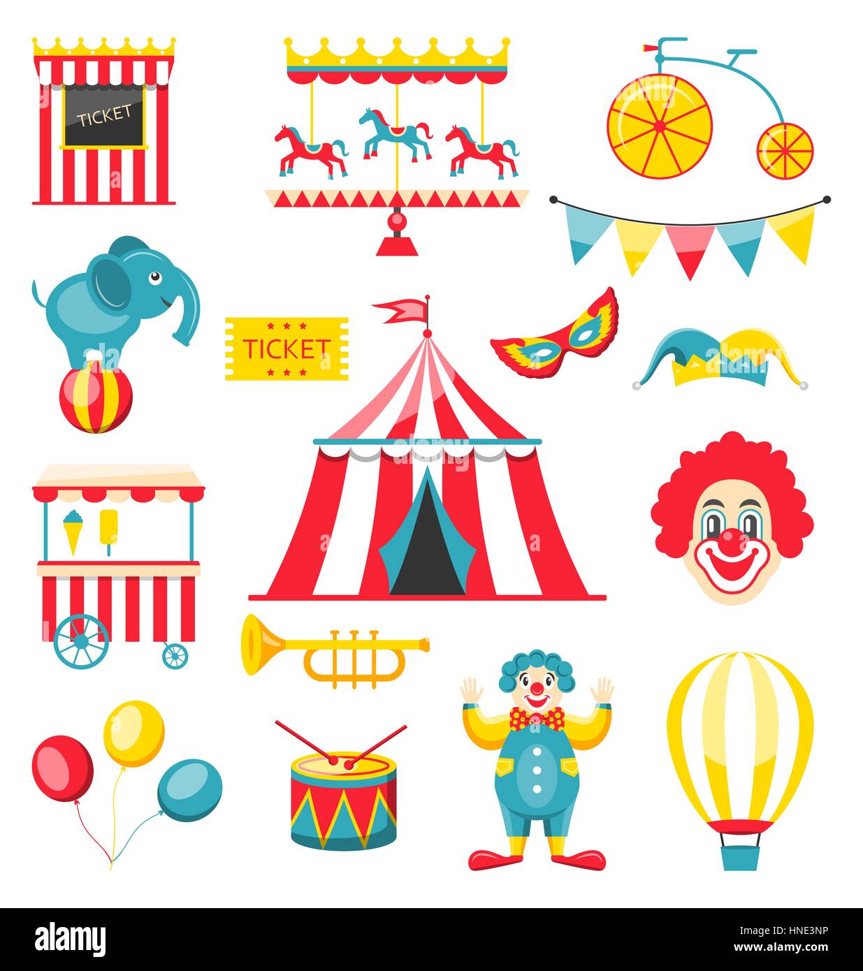 Illustration Collection Éléments colorés de cirque et Carnaval, configurer des objets isolé sur fond blanc - Vector Illustration de Vecteur