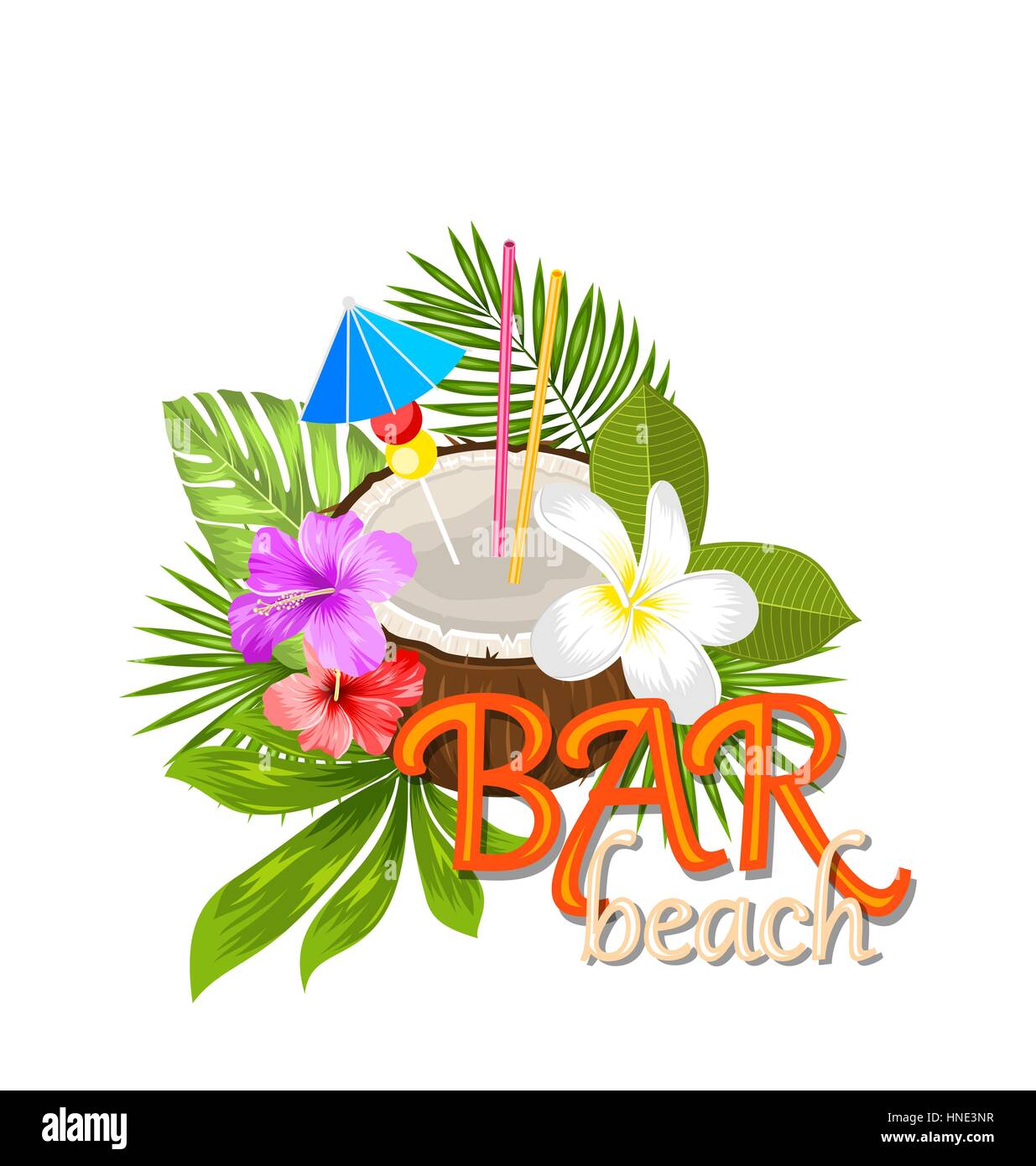 Cocktail de coco illustration en été avec la garniture et la paille, les poster avec les fleurs exotiques et les feuilles - Vector Illustration de Vecteur