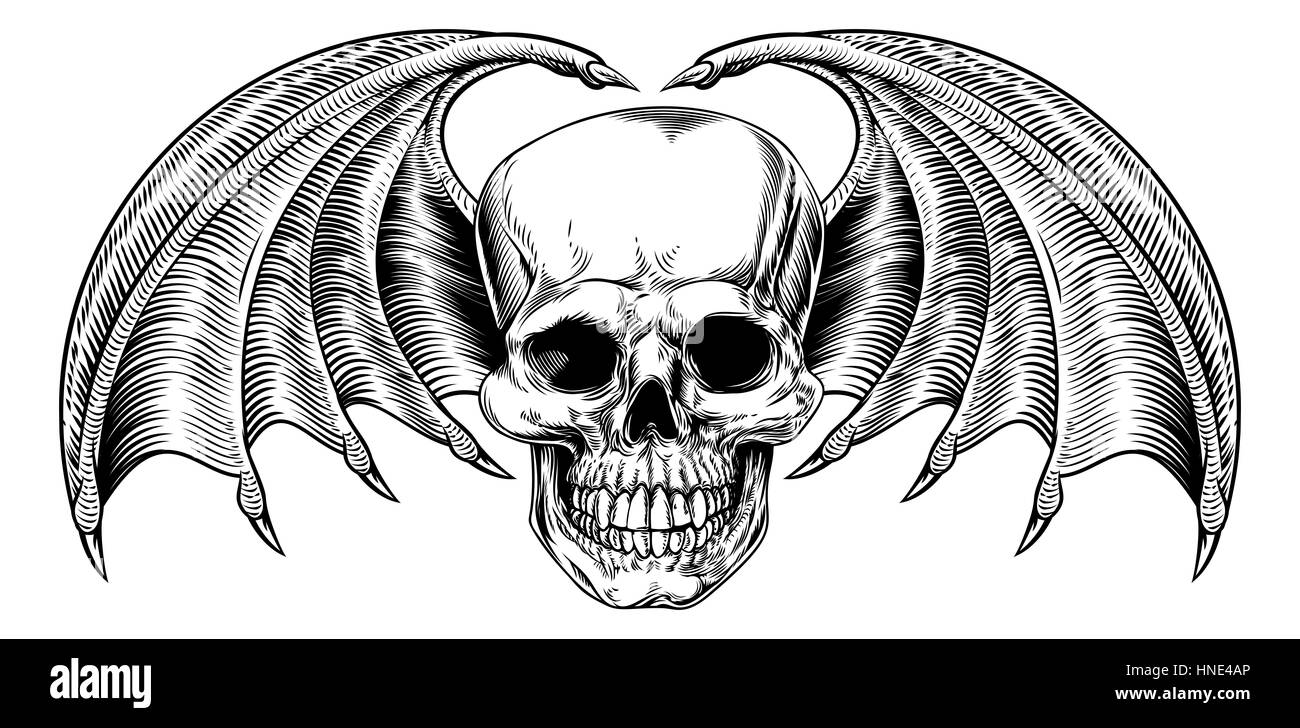 Un crâne ailé avec dessin ou bat des ailes de dragon dans un vintage retro style gravé ou gravé sur bois Banque D'Images