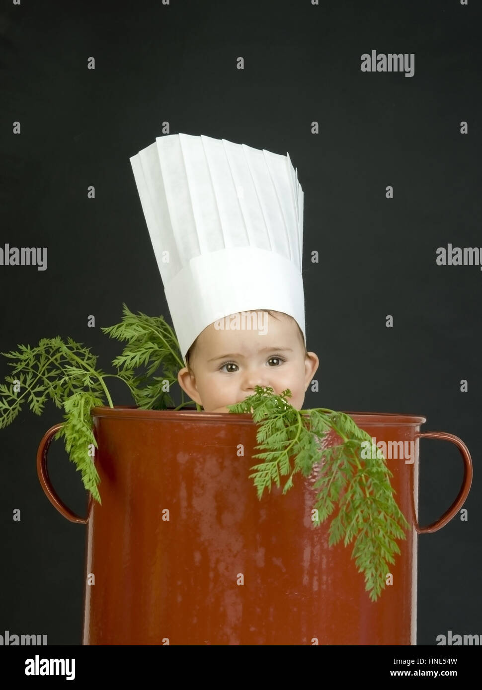 Communiqué de modèle, Kleinkind mit im Kochhaube Kochtopf - petit enfant avec chapeau du chef en cuisine pot Banque D'Images