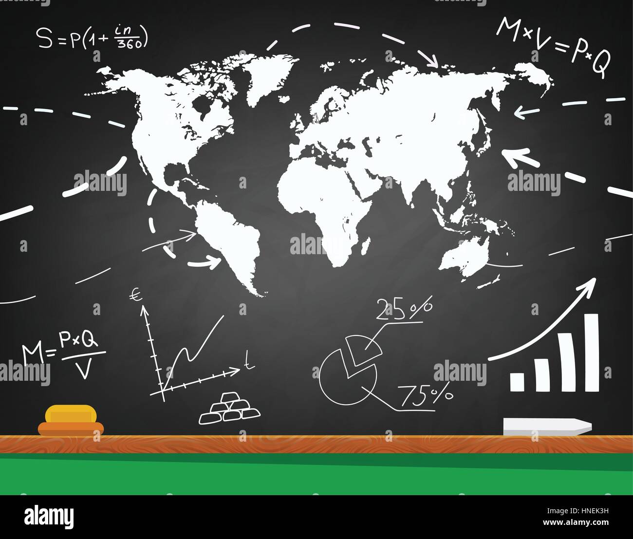 Le concept de l'Organisation mondiale du commerce.un tableau noir avec une carte du monde. Illustration de Vecteur