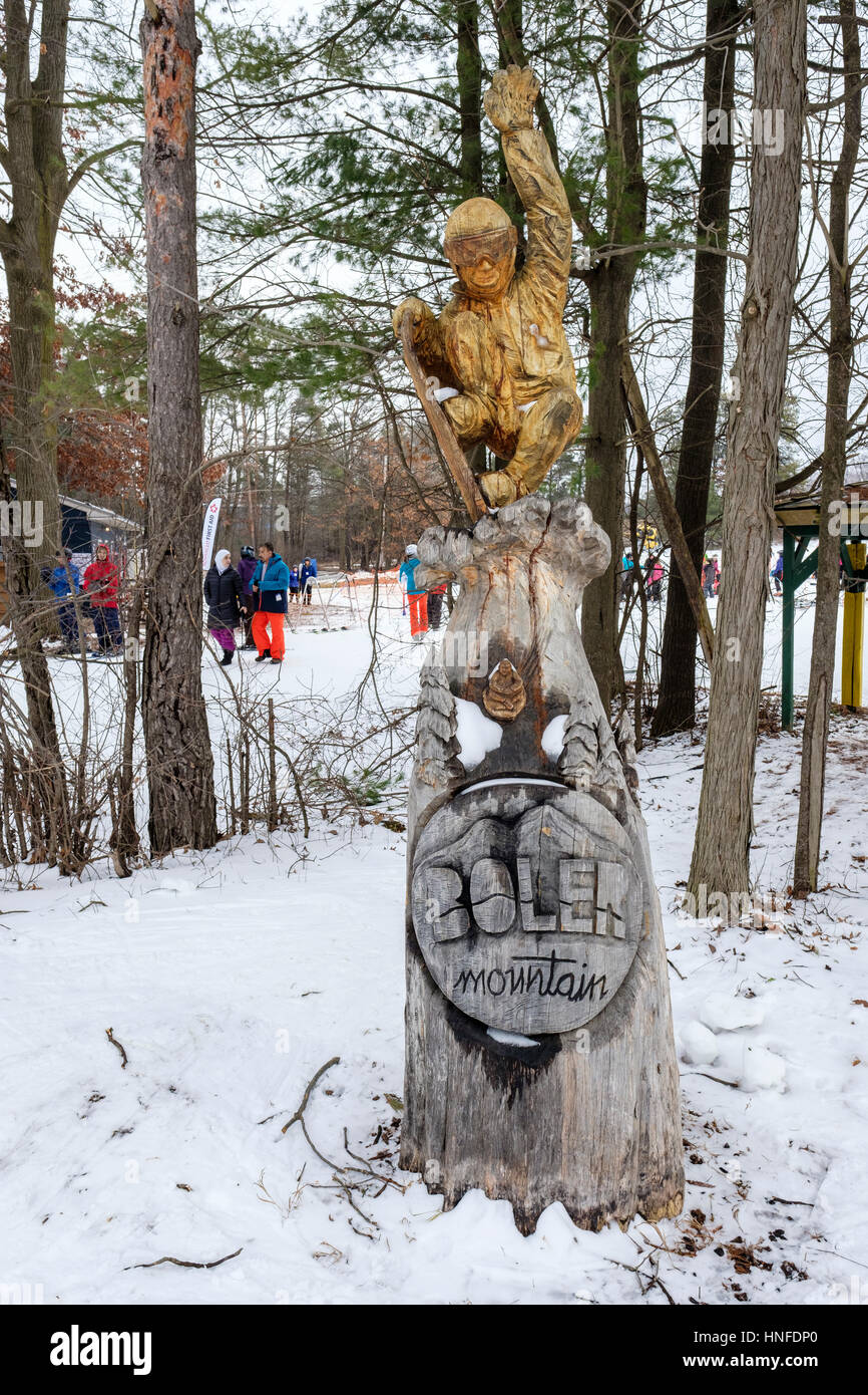 La sculpture sur bois d'un planchiste à Boler Mountain Ski Club de London, en Ontario, au Canada. Banque D'Images