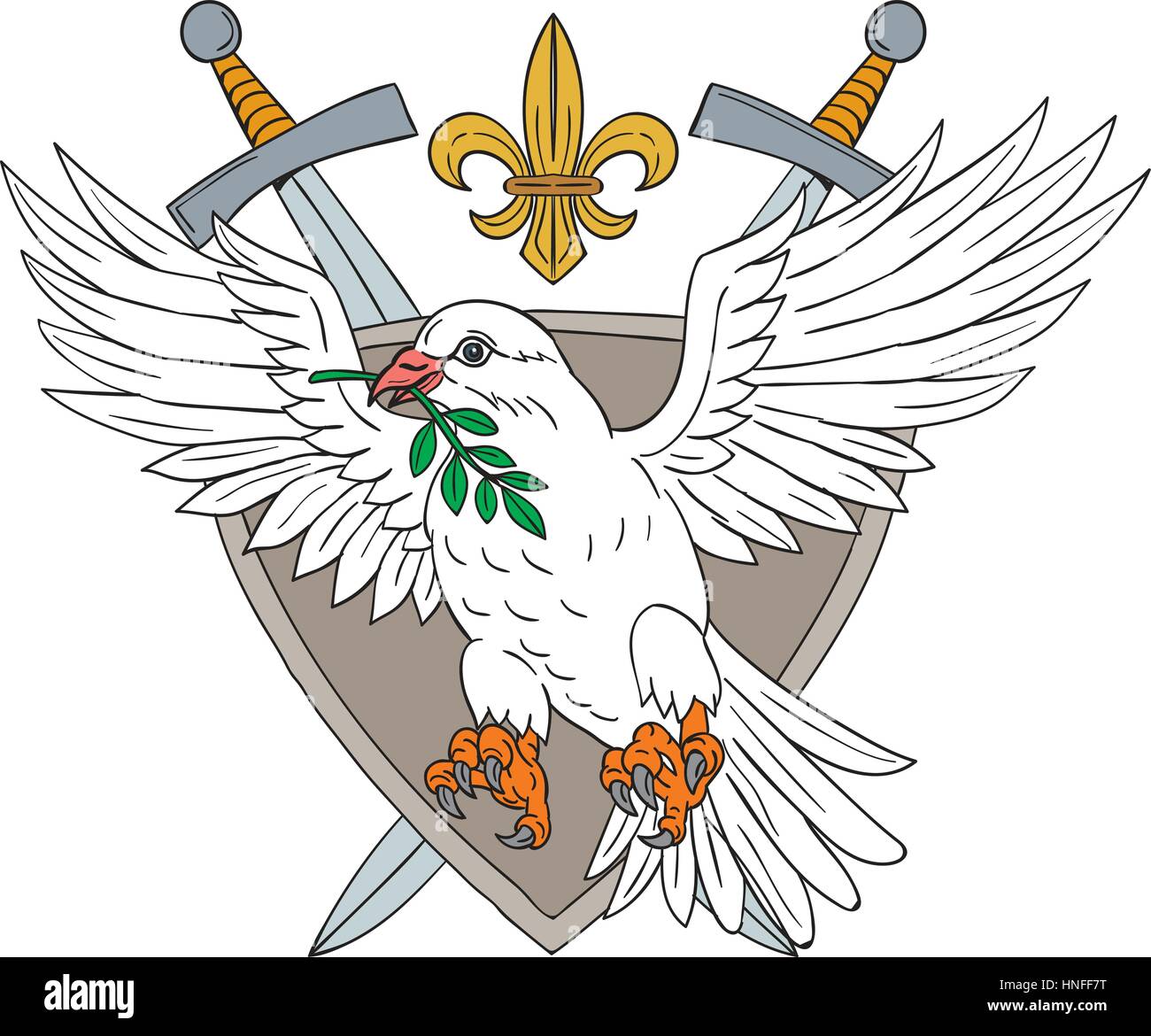Illustrarion style croquis dessin d'une colombe avec la feuille d'olivier dans son bec situé à l''intérieur de la protection à l'épée et la fleur de lis dans l'arrière-plan. Illustration de Vecteur