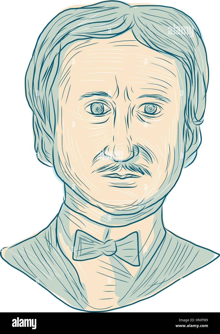 Croquis dessin illustration style de Edgar Allan Poe, un écrivain, poète, éditeur et critique littéraire du point de vue de l'avant ensemble sur blanc isolé Illustration de Vecteur