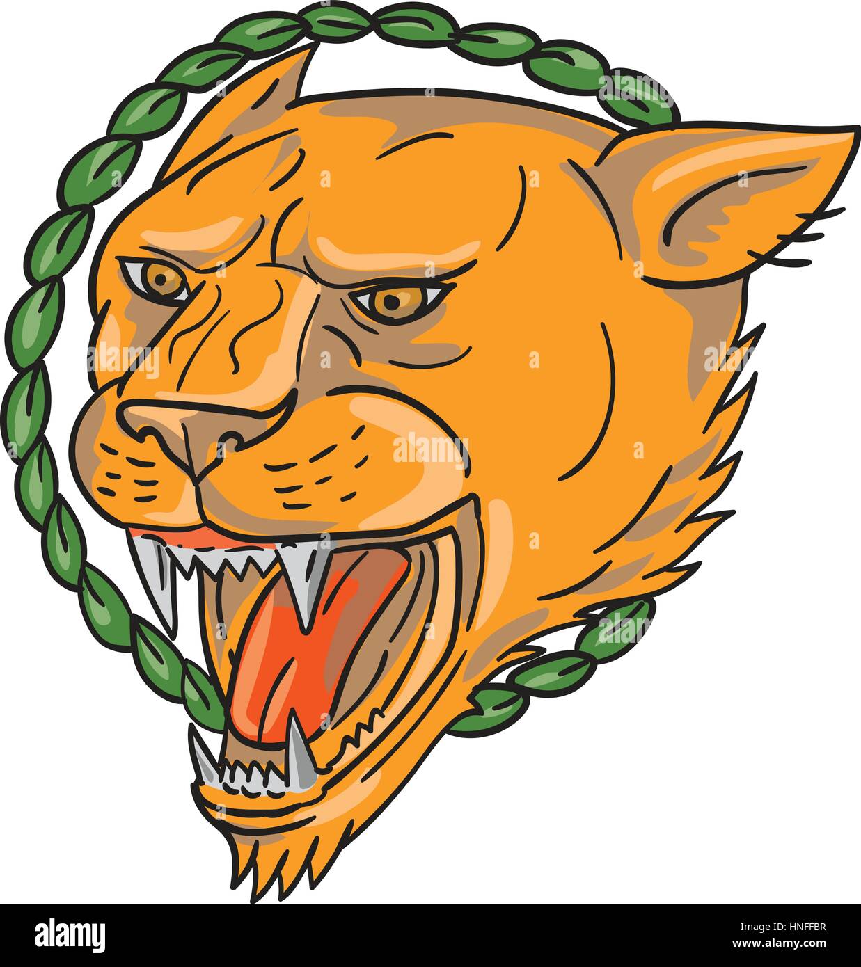 Illustration style de tatouage d'une lionne grogner avec anneau de feuilles dans l'arrière-plan définie sur fond blanc isolé. Illustration de Vecteur