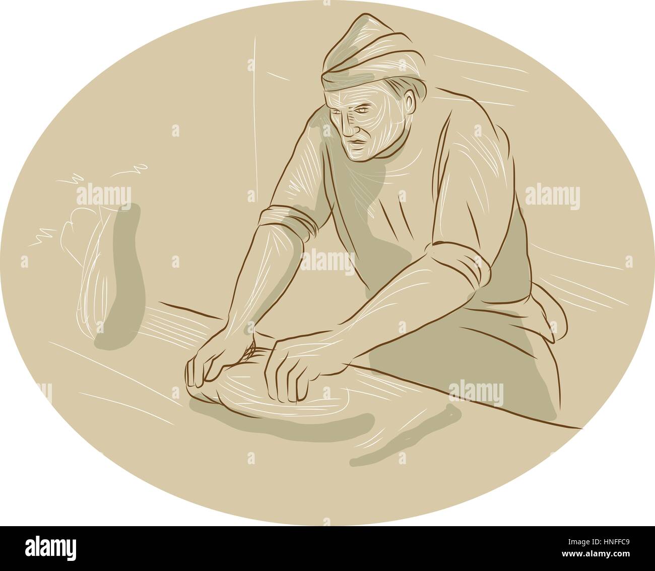 Croquis dessin illustration style de chef cuisinier d'un boulanger à l'époque médiévale la pâte à pétrir le pain dans le set de cuisine à l'intérieur de la forme ovale avec cuisine four Illustration de Vecteur