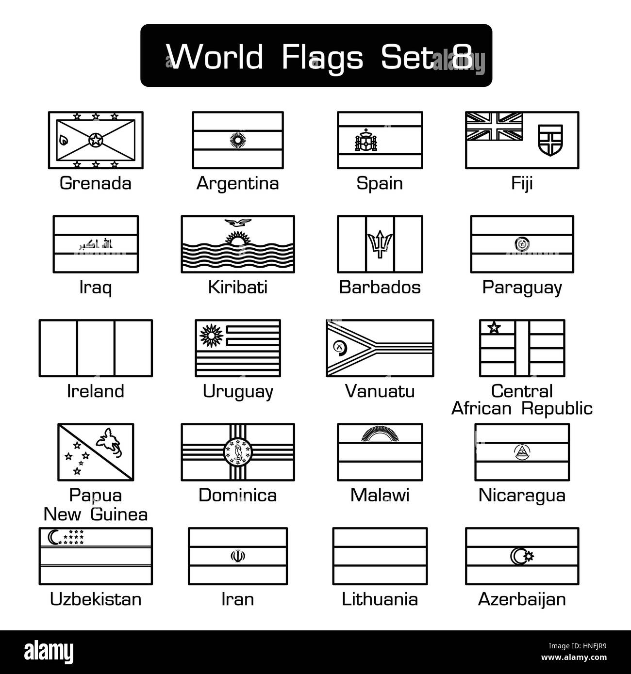 Drapeaux du monde set 8 . simple style et design plat . d'épaisseur contours . Illustration de Vecteur