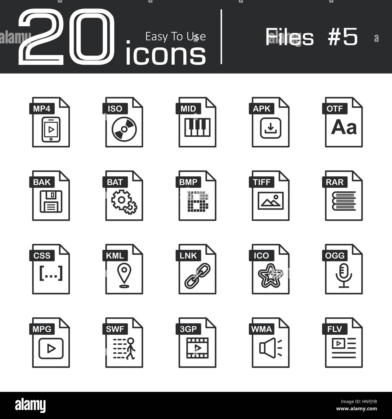 L'icône Fichiers set 5 ( mp4 , iso , milieu , apk , feo , bak , BAT , bmp , tif , rar , CSS , encre , kml , ico , ogg , mpg , 3gp , swf , flv , wma ) Illustration de Vecteur