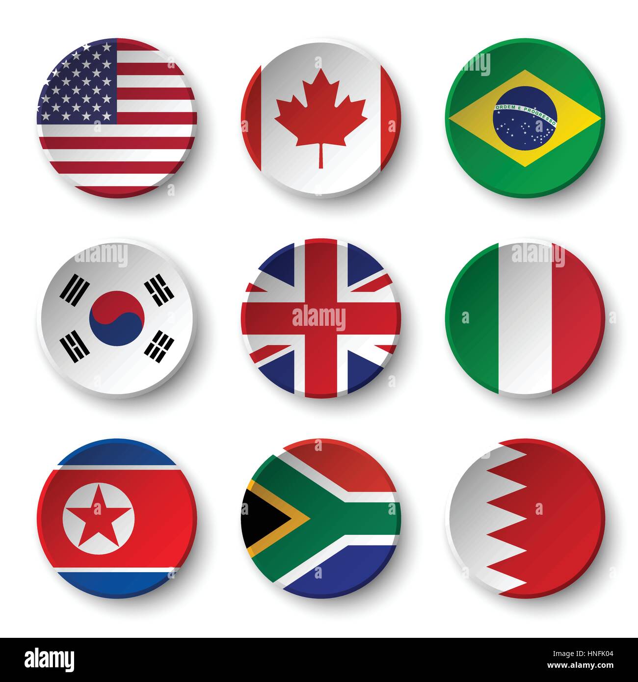Ensemble de drapeaux du monde badges ronds ( USA . Le Canada . Le Brésil . La Corée du Sud . Royaume-uni de Grande-Bretagne . Italie . La Corée du Nord . L'Afrique du Sud . Bahreïn Illustration de Vecteur