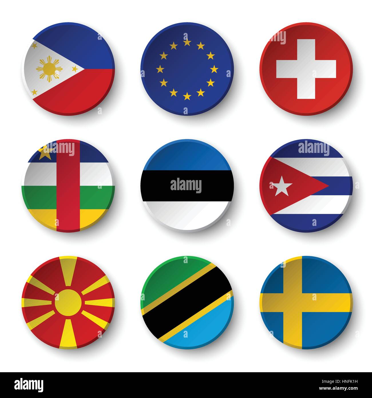 Ensemble de drapeaux du monde badges ronds ( Philippines . L'Union européenne (UE) . La Suisse . République centrafricaine . L'Estonie . cuba . Macédoine . La Tanzanie . Illustration de Vecteur