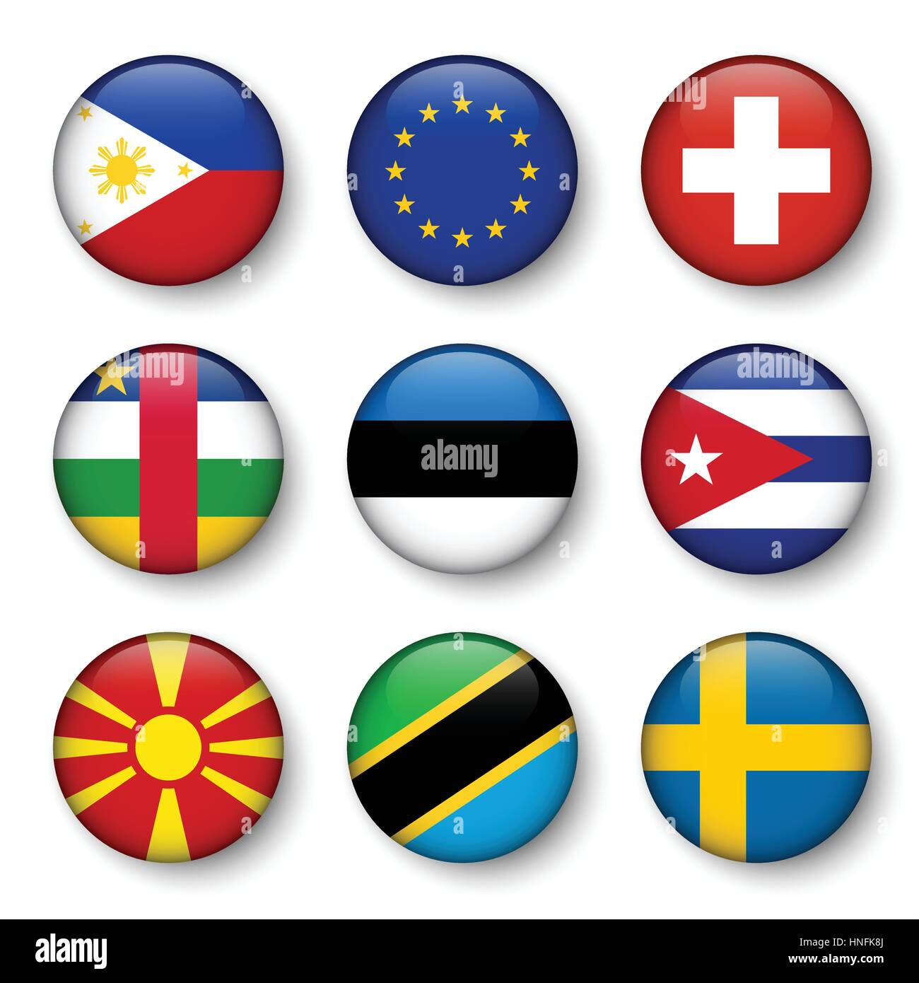 Ensemble de drapeaux du monde badges ronds ( Philippines . L'Union européenne (UE) . La Suisse . République centrafricaine . L'Estonie . cuba . Macédoine . La Tanzanie . Illustration de Vecteur