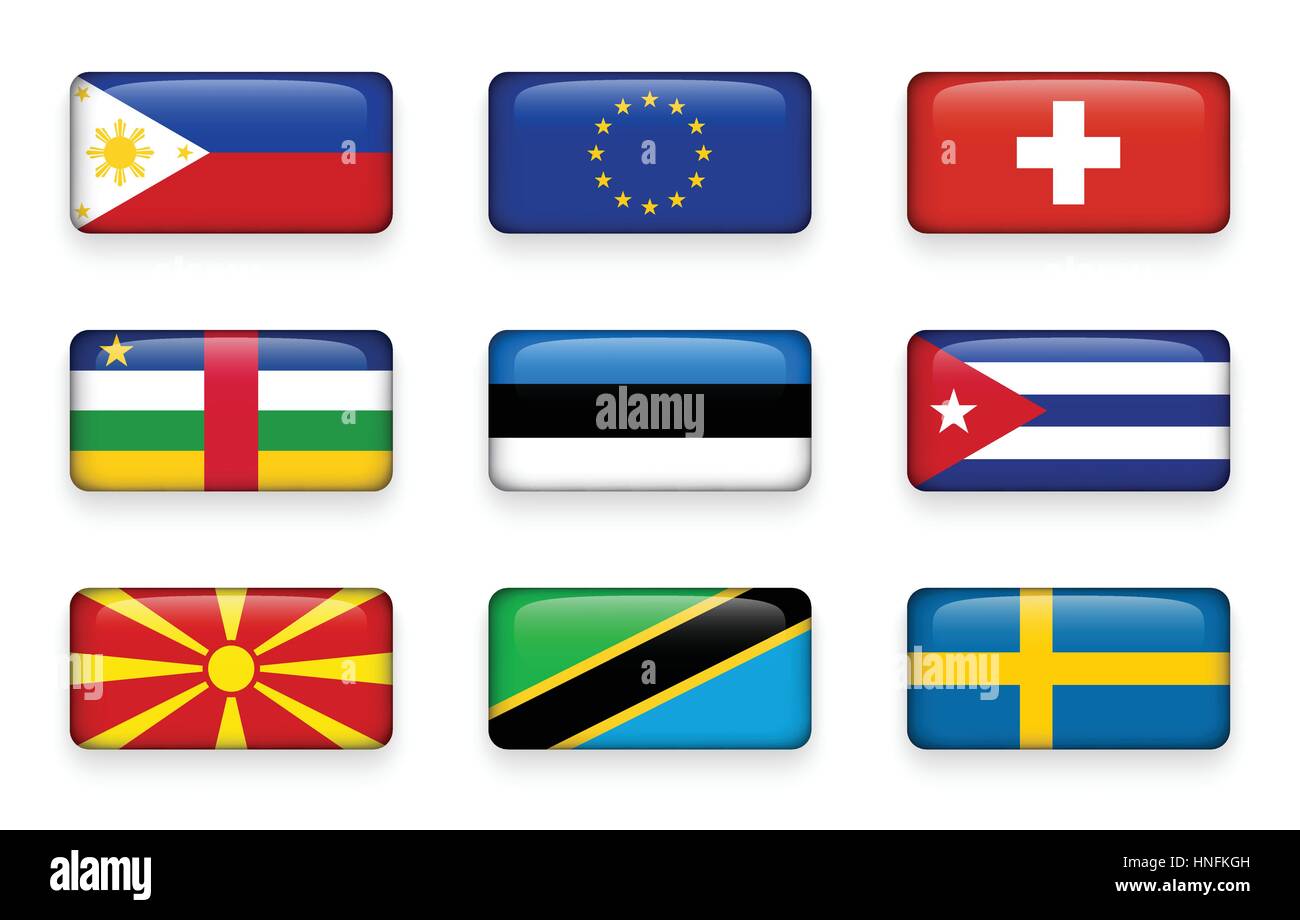 Ensemble de drapeaux monde boutons rectangle ( Philippines . L'Union européenne (UE) . La Suisse . République centrafricaine . L'Estonie . Cuba . Macédoine . Tanza Illustration de Vecteur