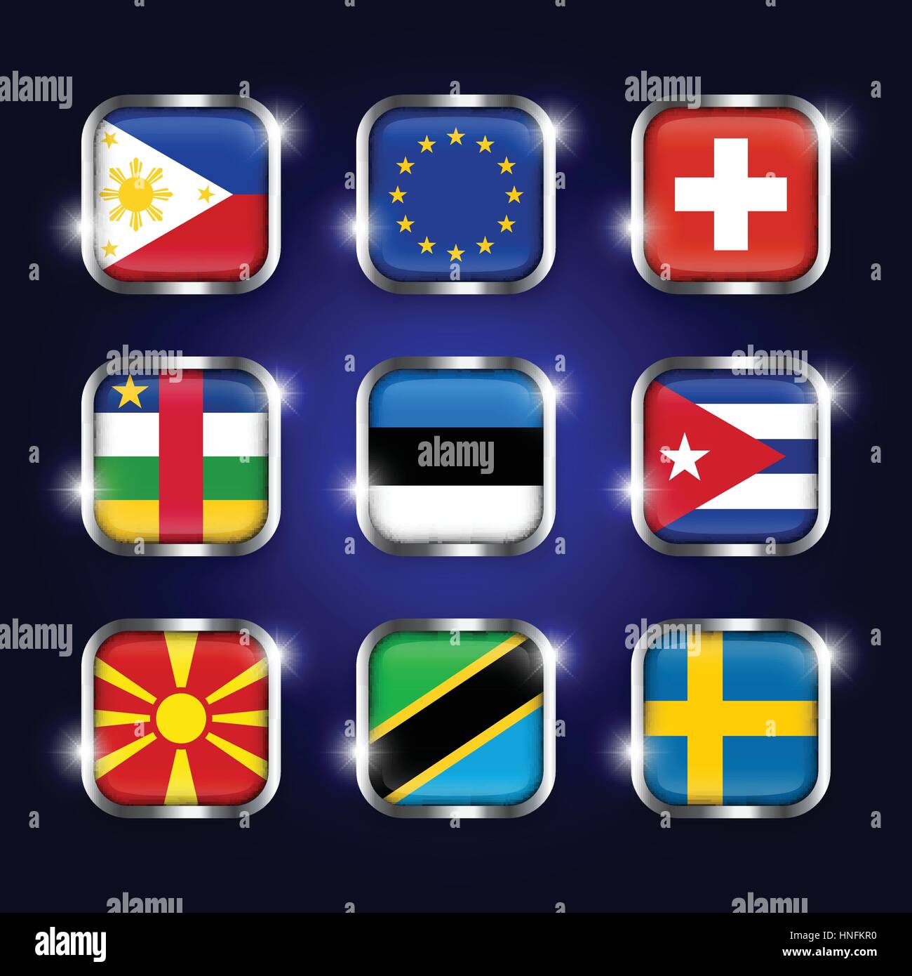 Ensemble de drapeau monde verre quadrangulaire en acier avec bouton frontière et twinkle (Philippines . L'Union européenne (UE) . La Suisse . République Centrafricaine Illustration de Vecteur