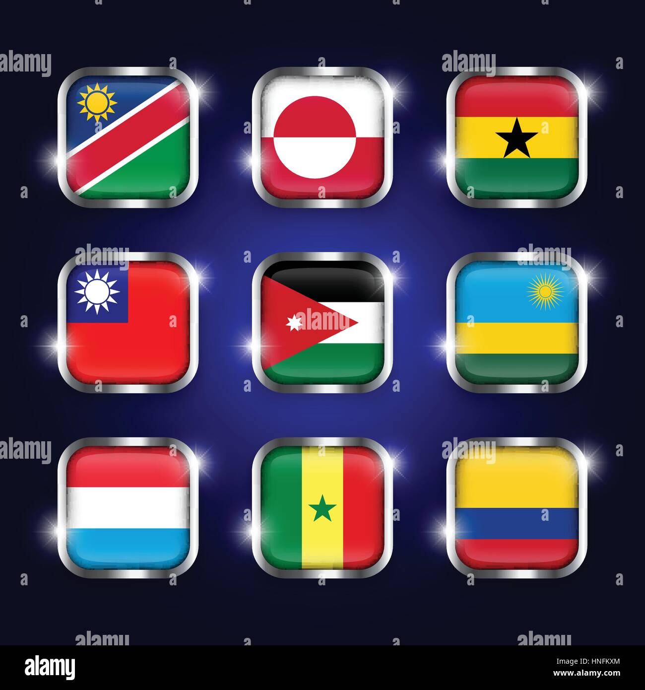 Ensemble de drapeaux du monde les boutons en verre quadrangulaire avec steel border et twinkle ( Namibie . Le Groenland . Le Ghana . Taiwan . La Jordanie . Le Rwanda . Le Luxembourg . Se Illustration de Vecteur