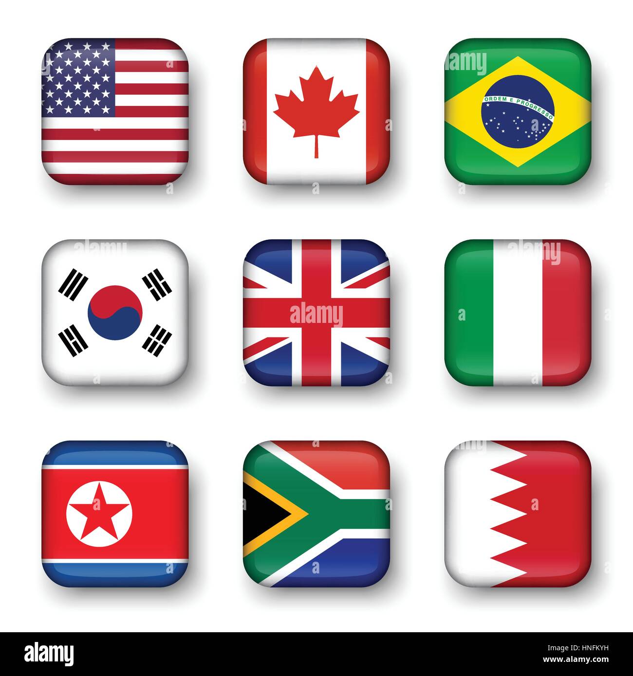 Ensemble de drapeaux du monde badges quadrangulaire ( USA . Le Canada . Le Brésil . La Corée du Sud . Royaume-uni de Grande-Bretagne . Italie . La Corée du Nord . L'Afrique du Sud . Illustration de Vecteur