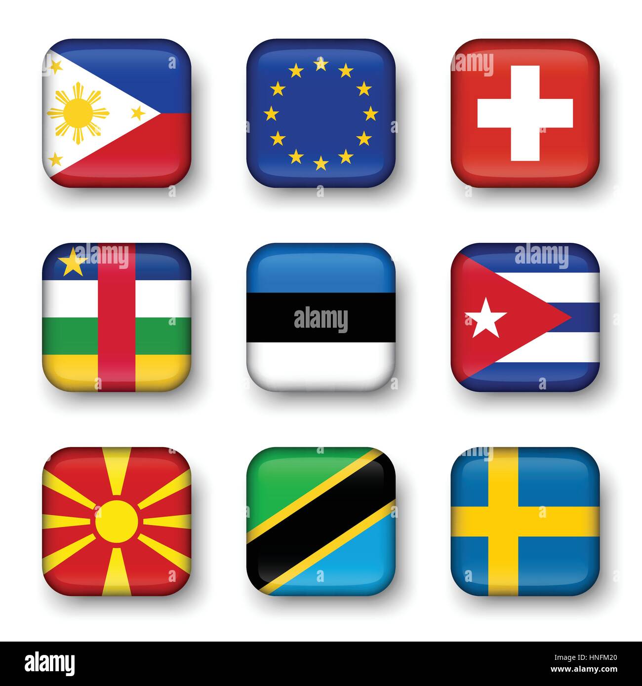 Ensemble de drapeaux du monde badges quadrangulaire ( Philippines . L'Union européenne (UE) . La Suisse . République centrafricaine . L'Estonie . cuba . Macédoine . Tan Illustration de Vecteur