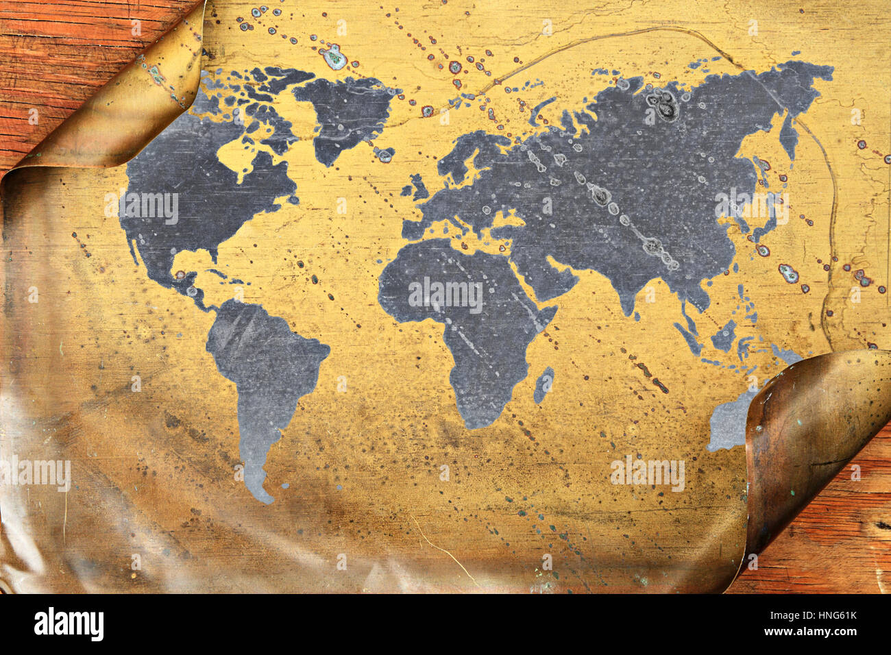Carte du monde sur laiton grunge background Banque D'Images