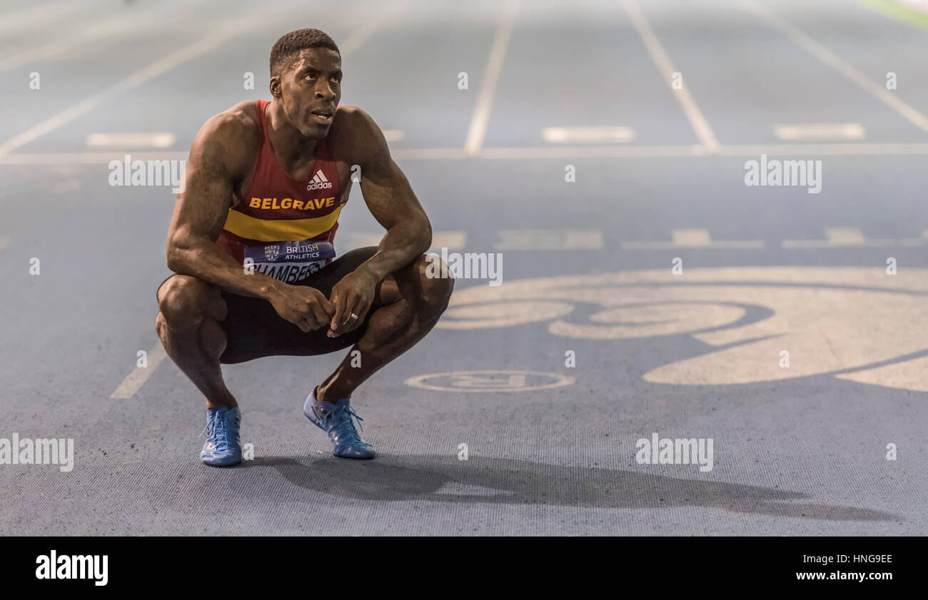 Dwain Chambers après avoir terminé en troisième place dans la finale de mens à 60 mètres. EIS Sheffield, en Athlétisme Indoor essais d'équipe 2017 Banque D'Images