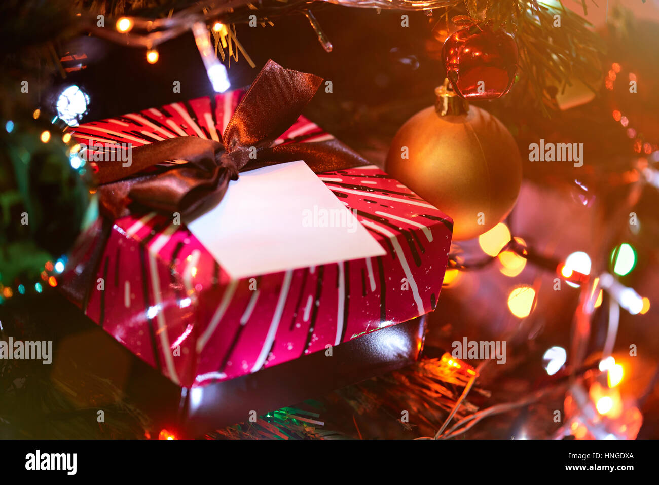 Décoration de fête du nouvel an avec arbre de Noël lumières floues Banque D'Images