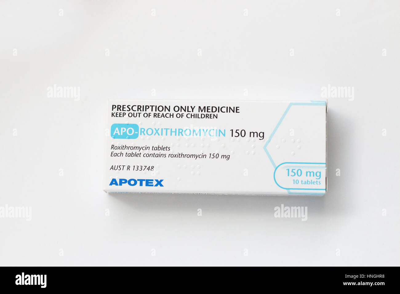 Close up d'APO-Roxithromycin biotiques contre anti isolé sur fond blanc Banque D'Images