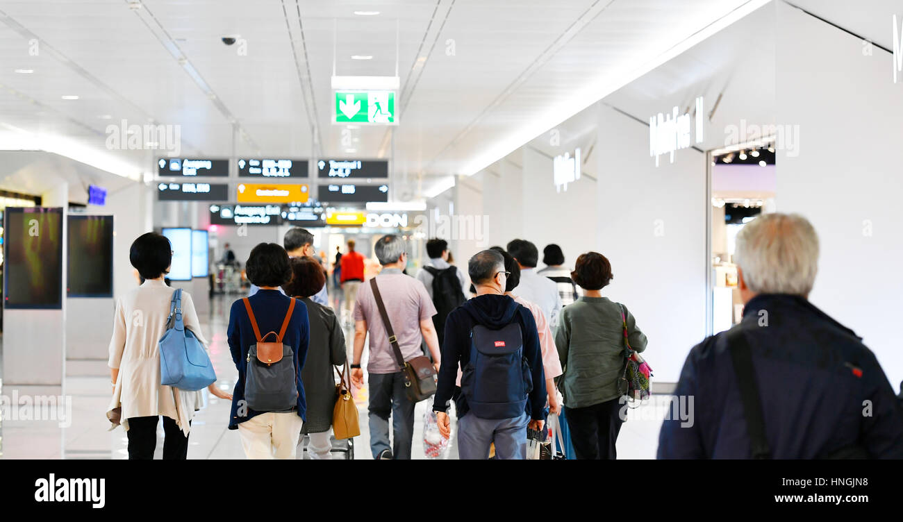 Passager, Paxe, Pax, des passagers, de la marche, Gate, l'embarquement, signe, MUC, EDDM, Aéroport Munich, Erding, 85399, Munich Banque D'Images