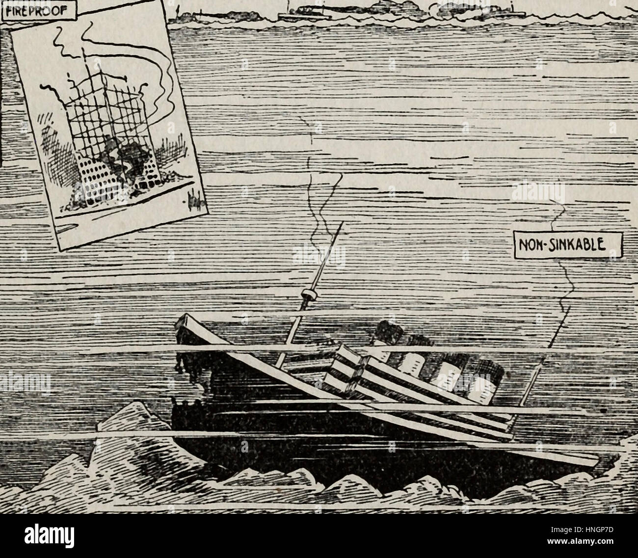 Caricature politique indique une construction incombustible et un navire insubmersible (Titanic) Banque D'Images