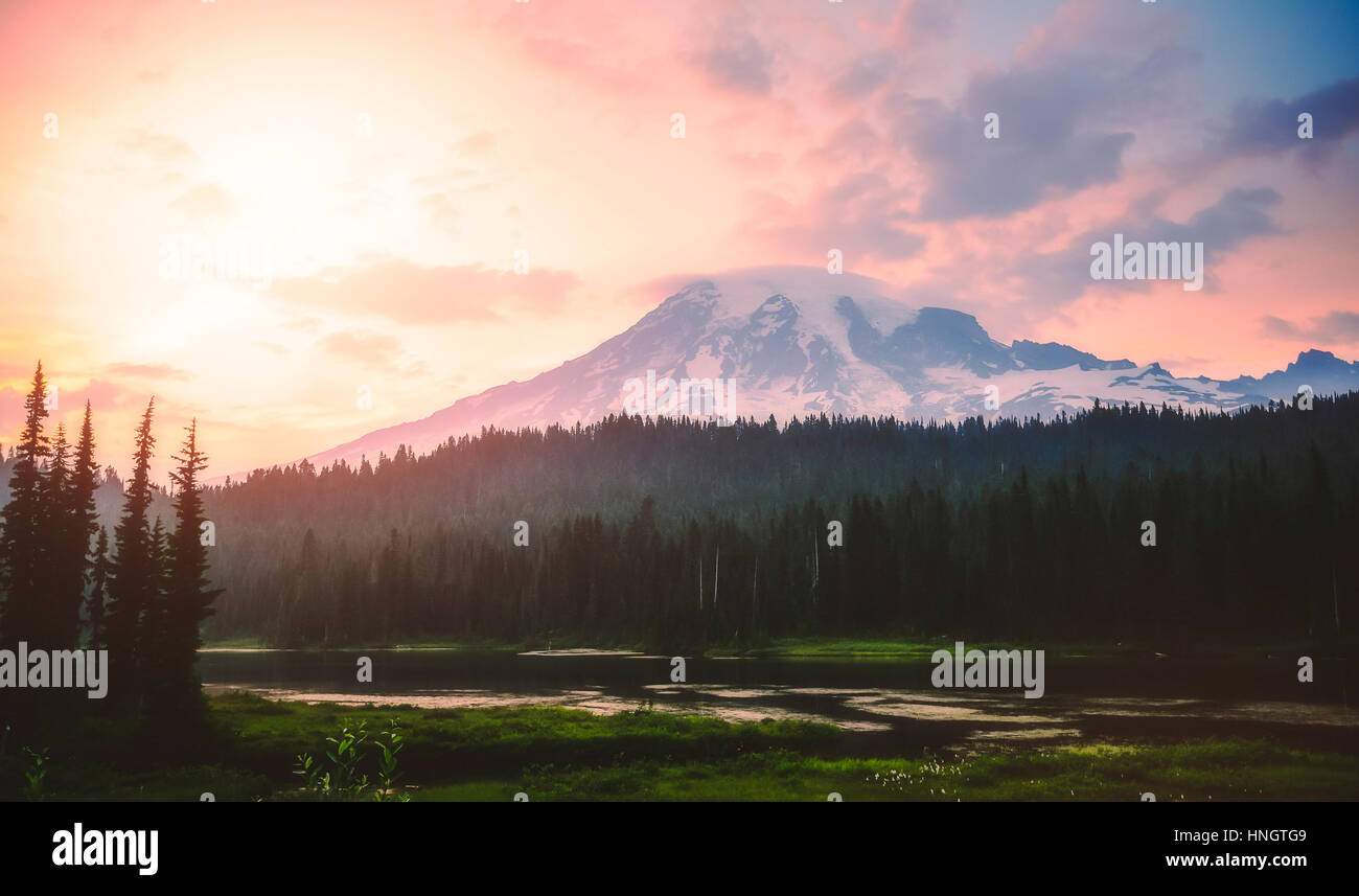 Coucher du soleil à Mt Rainier, Washington, USA. Banque D'Images